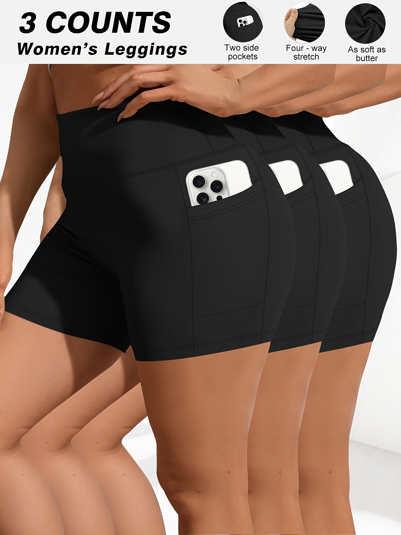 Pantalones cortos de cintura alta elásticos con bolsillos, pack de 3, negro, gris, púrpura oscuro