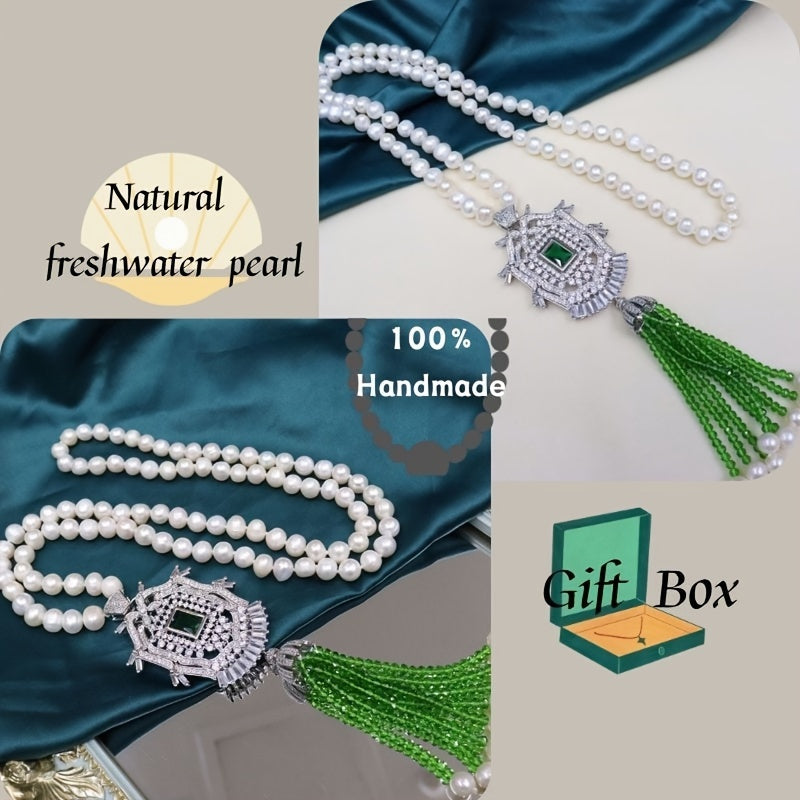 Collar largo de otoño e invierno con perlas de agua dulce de 8-9mm y incrustación de zirconia