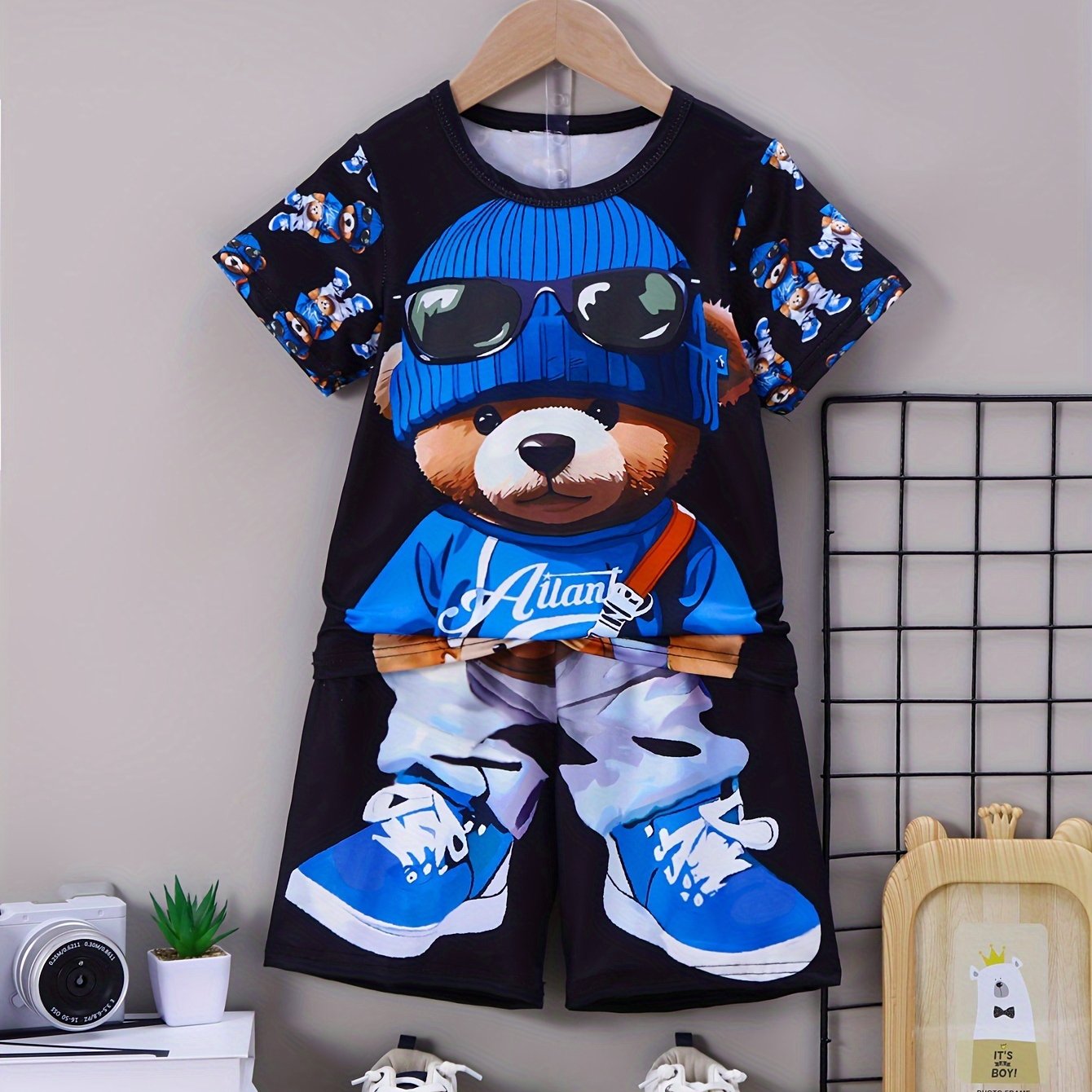 Boys Summer Casual Outfit with Bear Print Top and Shorts Polyester Spandex