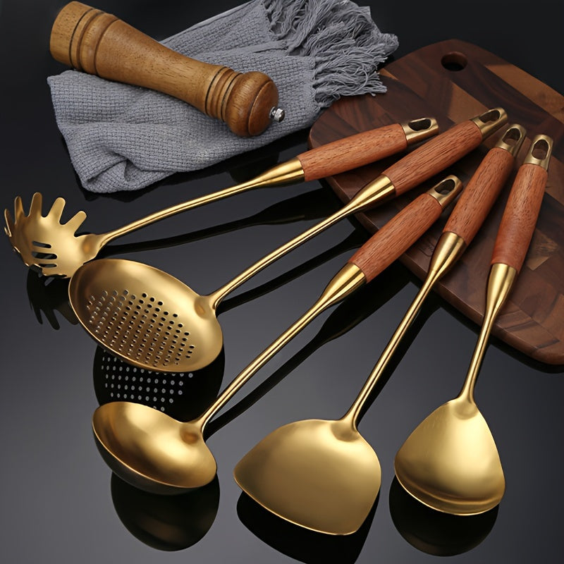Set of 6 Golden Stainless Steel Kitchen Utensils Spatula Ladle Slotted Turner