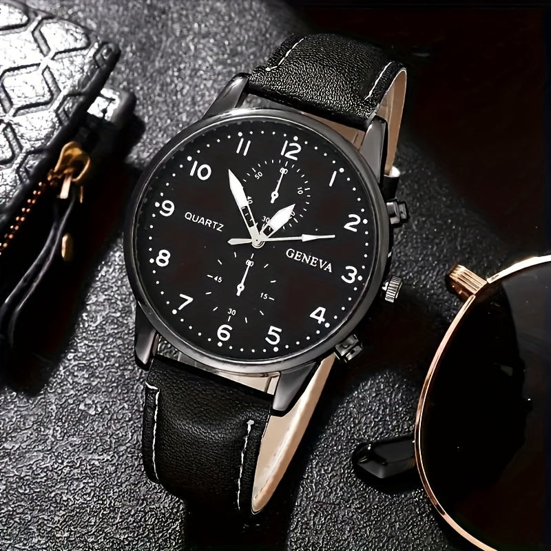 Set of 4 Men's Quartz Watches Black Round Face Faux Leather Bracelets Gift Set