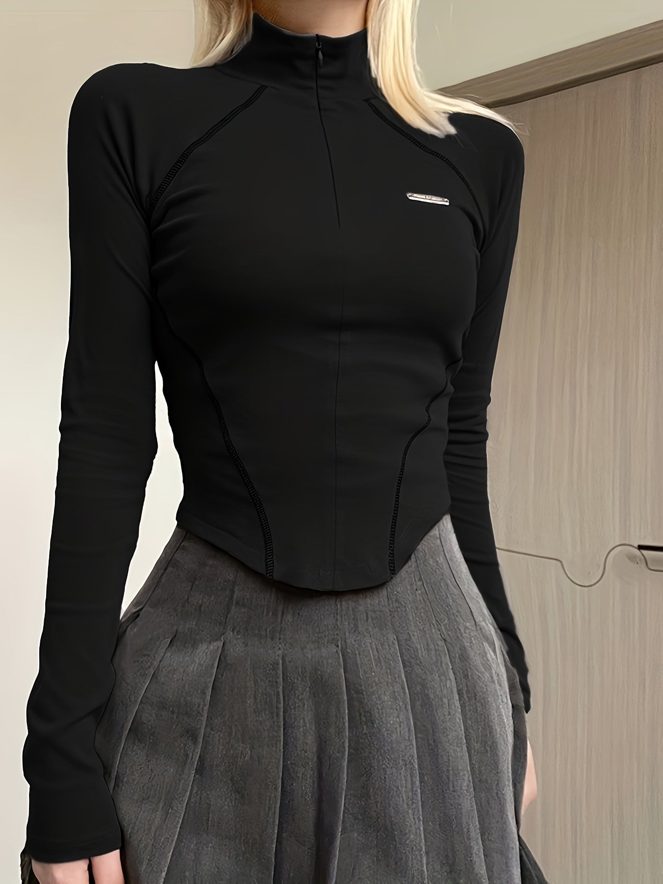 Camiseta deportiva casual para mujer con cremallera invisible, cuello alto, manga larga, otoño-invierno, estilo motocicleta