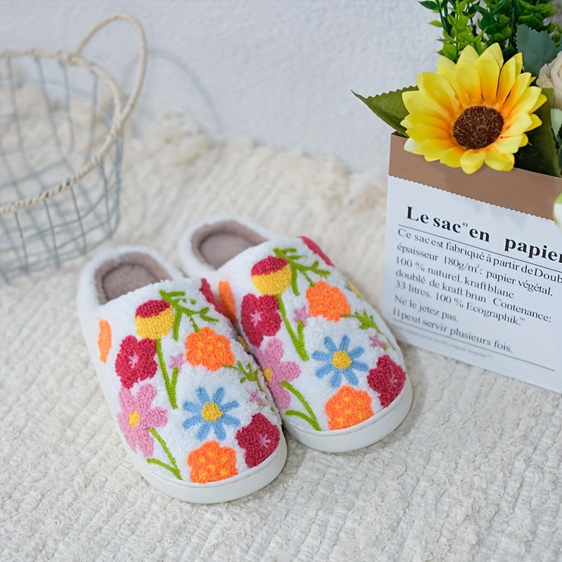 Unisex Plush Floral Indoor Slippers Warm Soft Winter TPR Sole