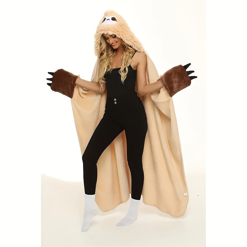 Women’s Soft Fluffy Hooded Sloth Wearable Blanket with Pockets 149x130 cm