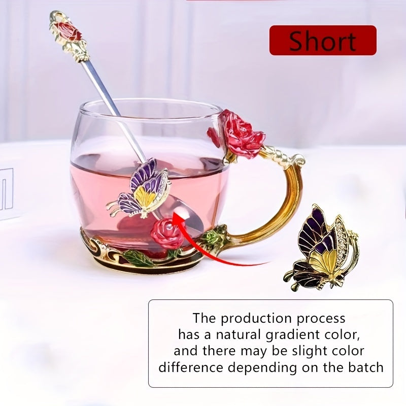Enamel Crystal Tea Cup with Butterfly and Rose Design Includes Spoon Clear Glass