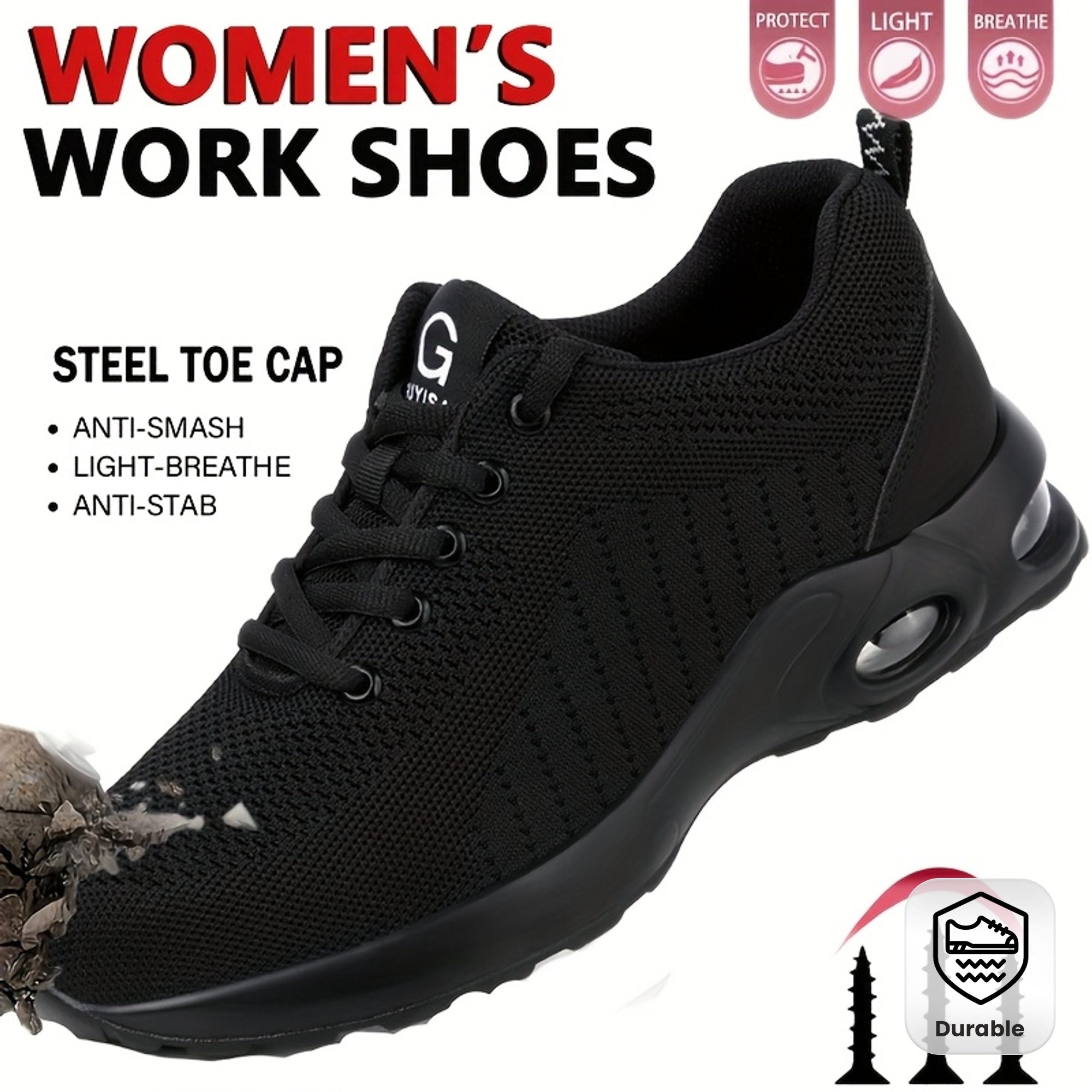 Women's Steel Toe Cap Work Shoes Breathable Lightweight Black Durable PU