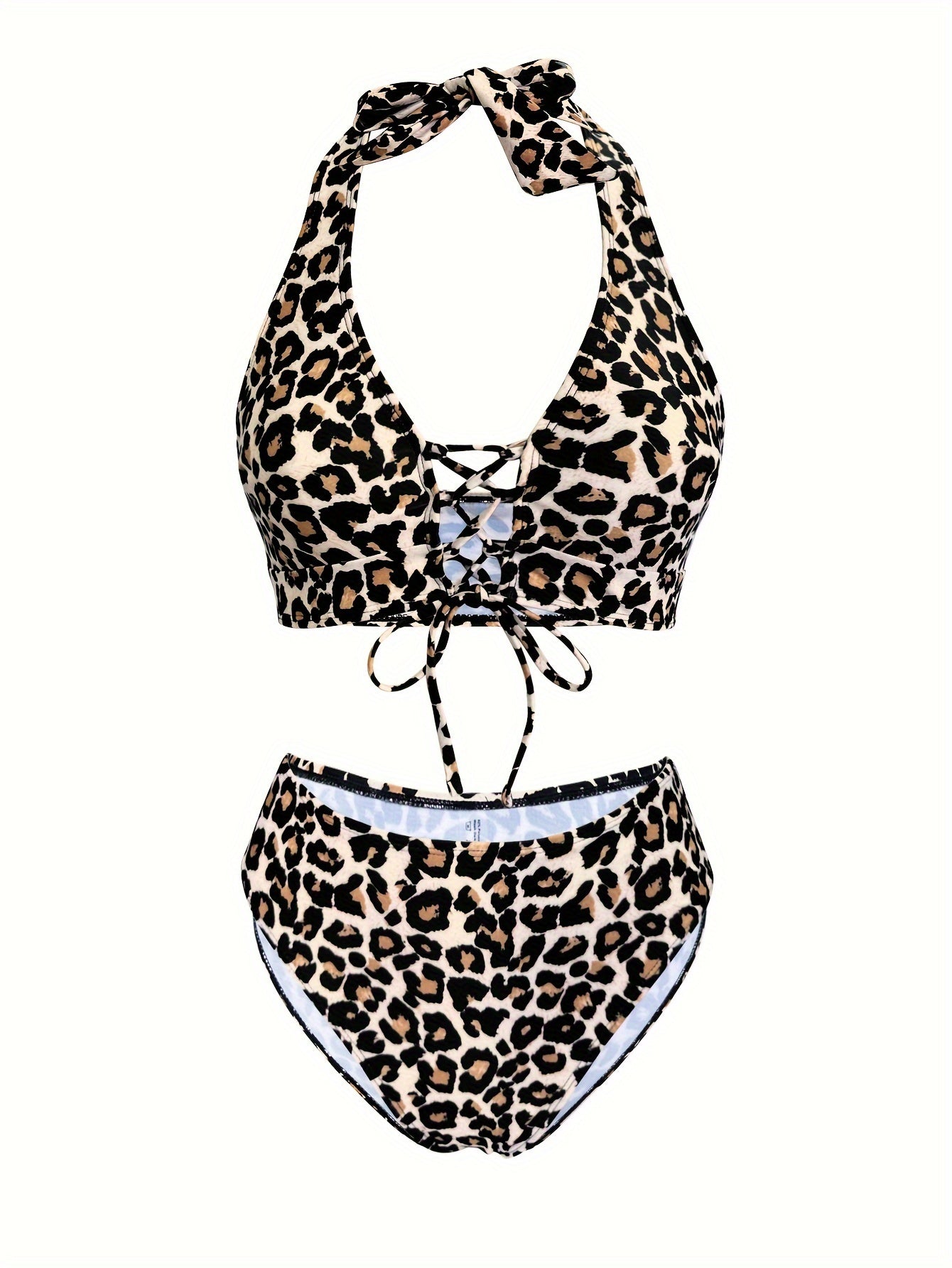 Leopard Print Two-Piece Swimsuit Polyester Cross Strape Beachwear for Women