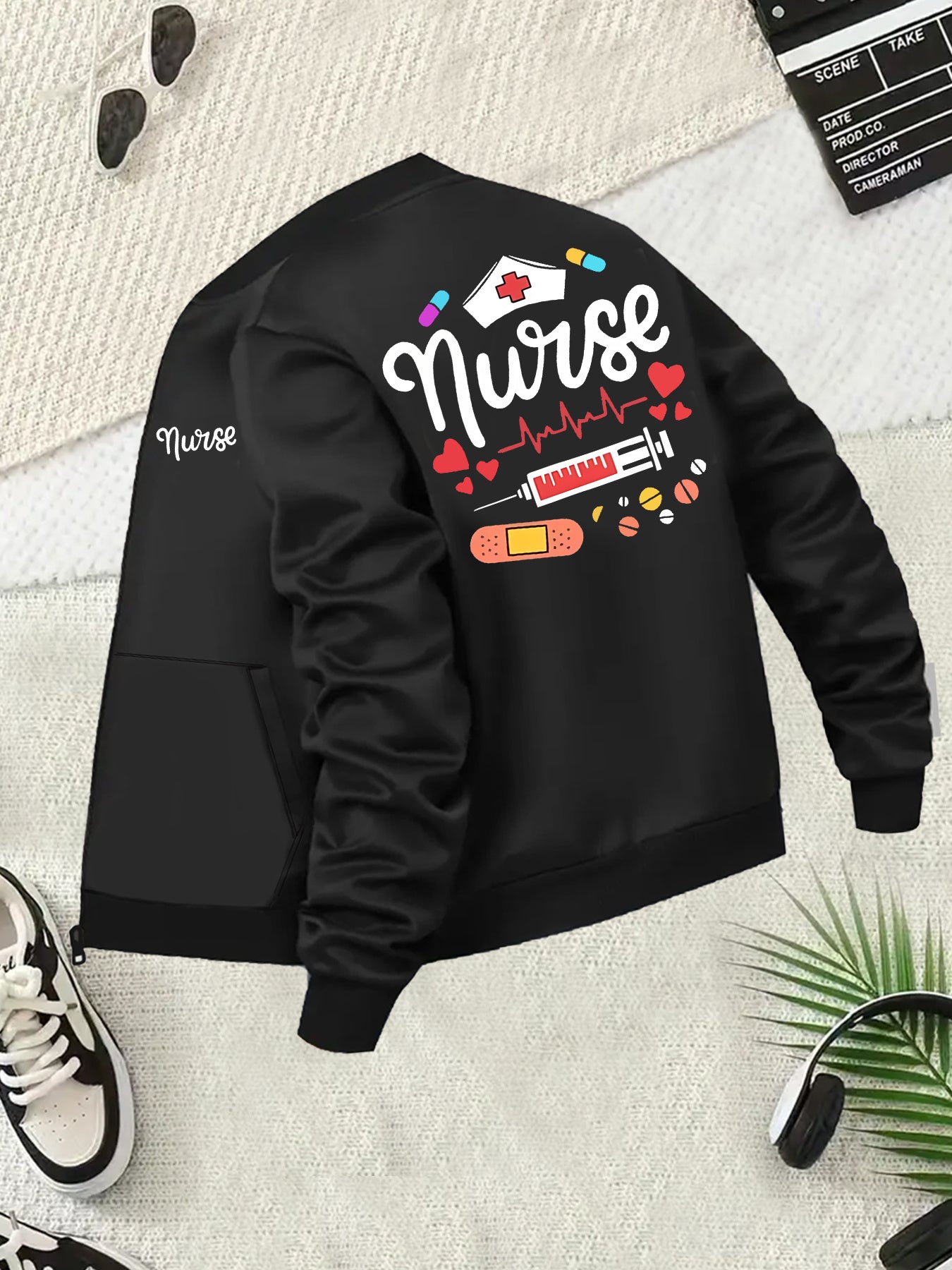 Women's Plus Size Nurse Graphic Print Zip-Up Jacket Long Sleeve Outerwear