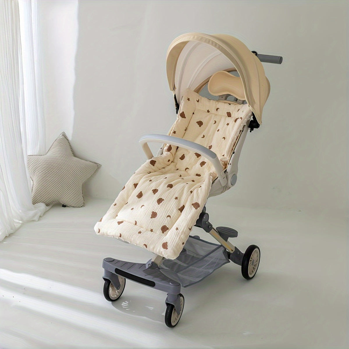Double-Sided Cotton Baby Stroller Mat Beige with Moon Bear Design Soft Washable