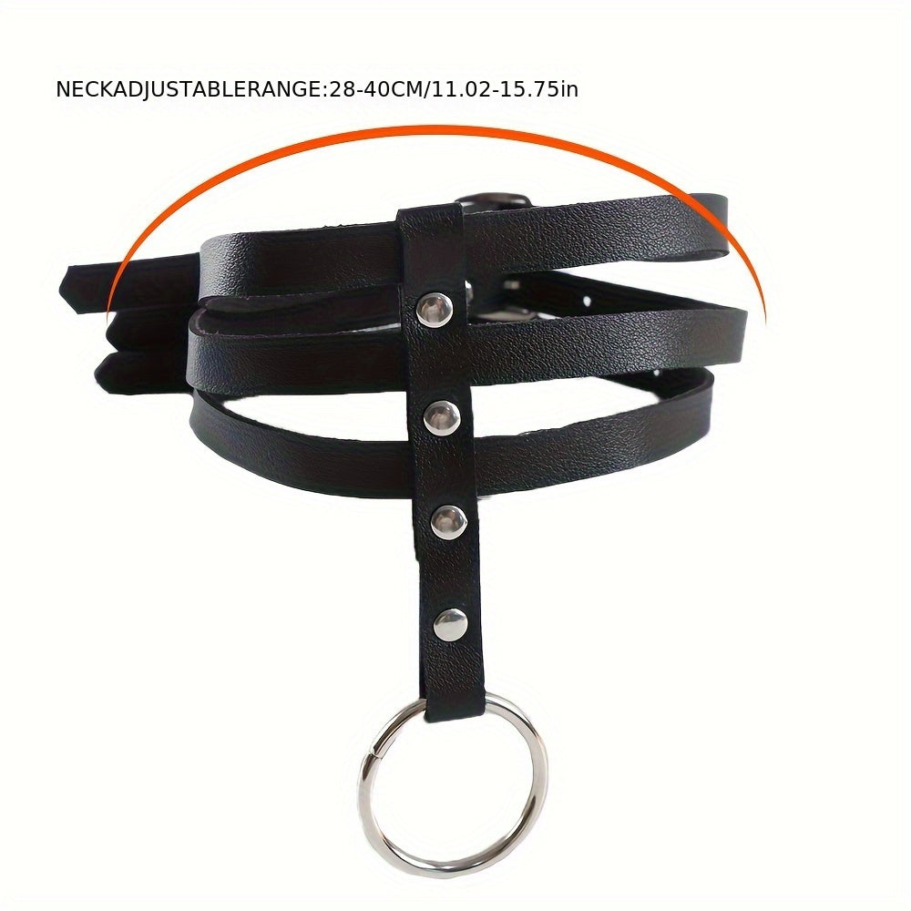 Women's Leather Punk Choker Necklace with Three Straps