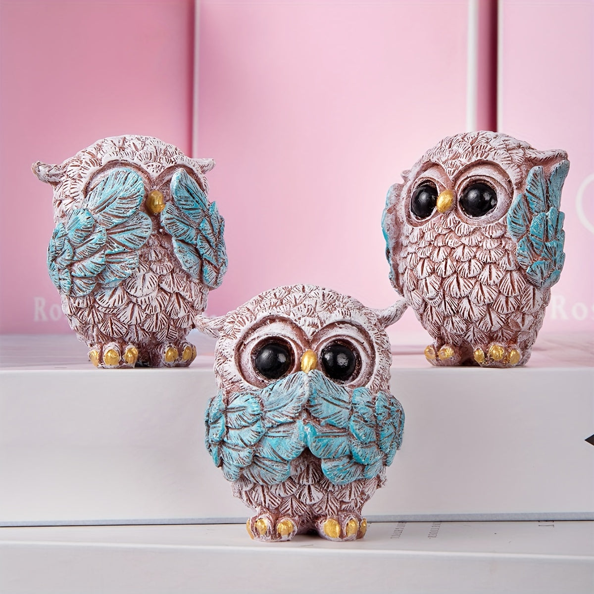 Set of 3 European-Style Owl Figurines for Home Decor, Office, Wine Cabinet