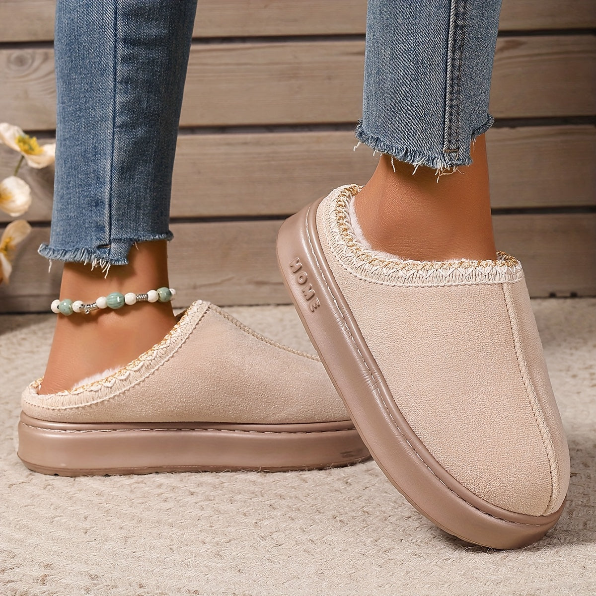 Couple's Cozy Solid Color Slippers Winter Plush Lined Non-Slip EVA Sole