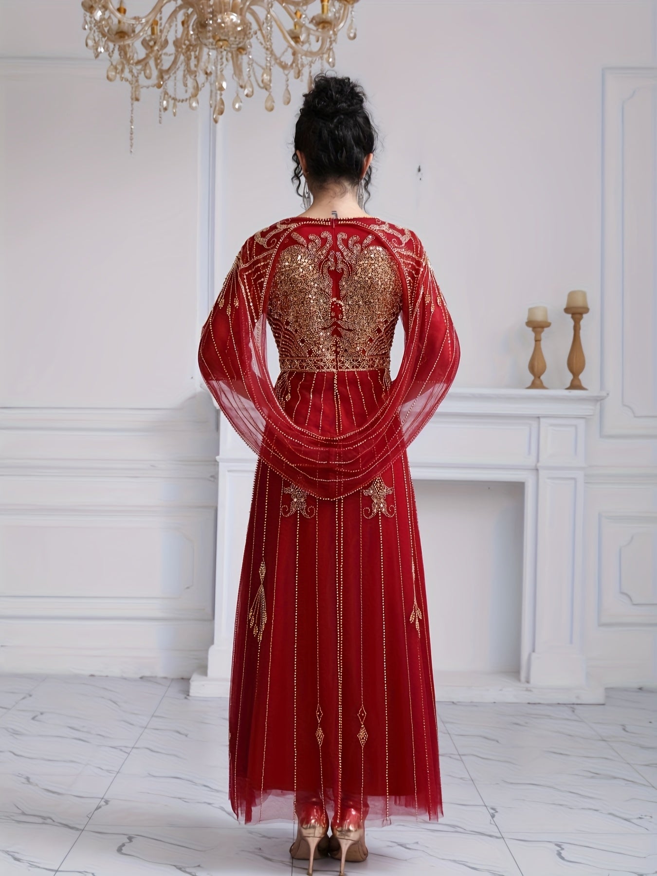 Women's Sequin Beaded Embroidery Evening Dress Fitted Bodice Wedding Gown