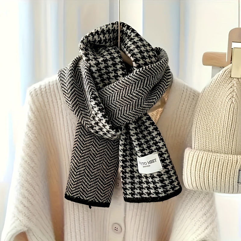 Black and White Houndstooth Scarf Thick Cozy Winter Fleece Wrap