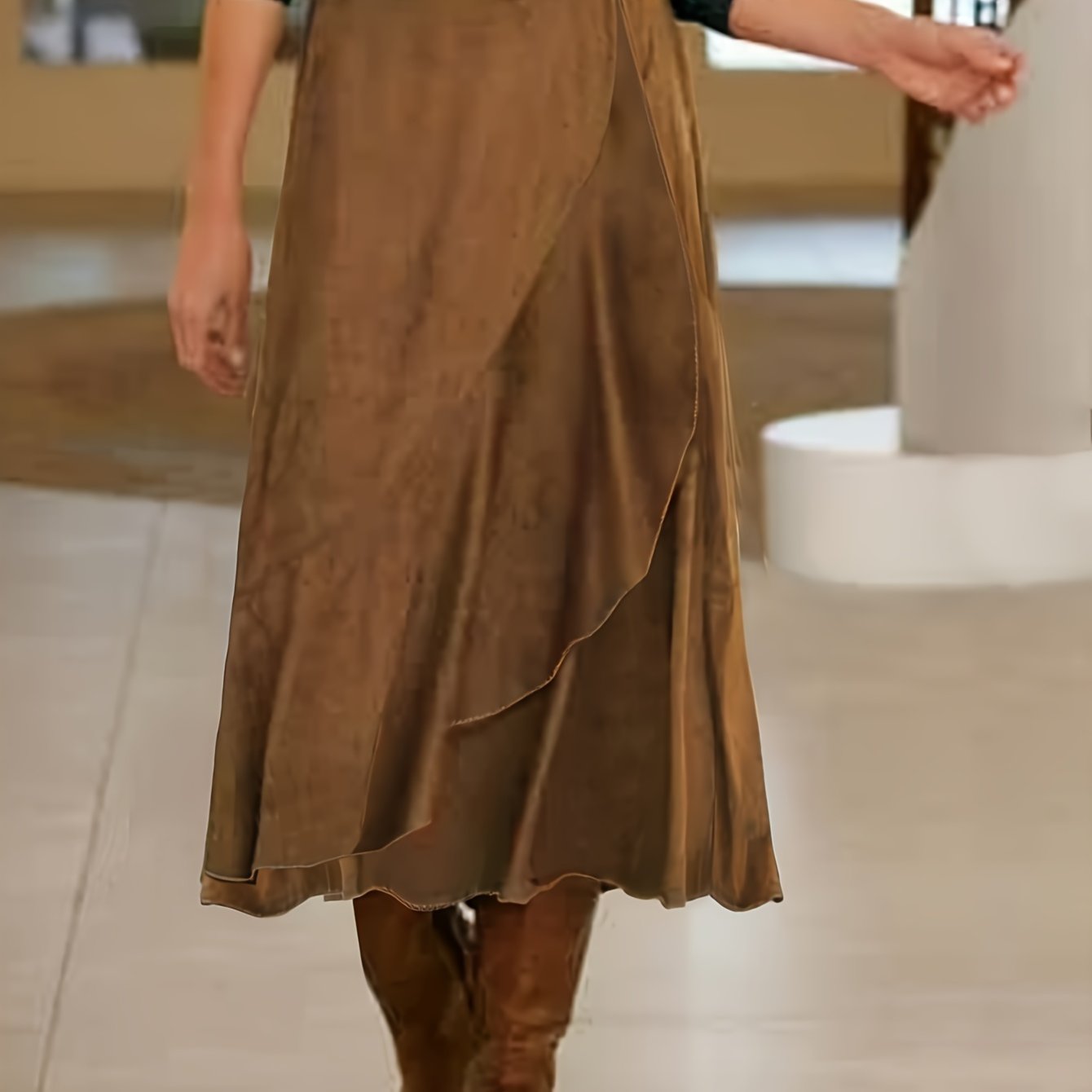 Women's Brown Corduroy Tiered Asymmetrical Hem Skirt Fall Winter Casual Formal