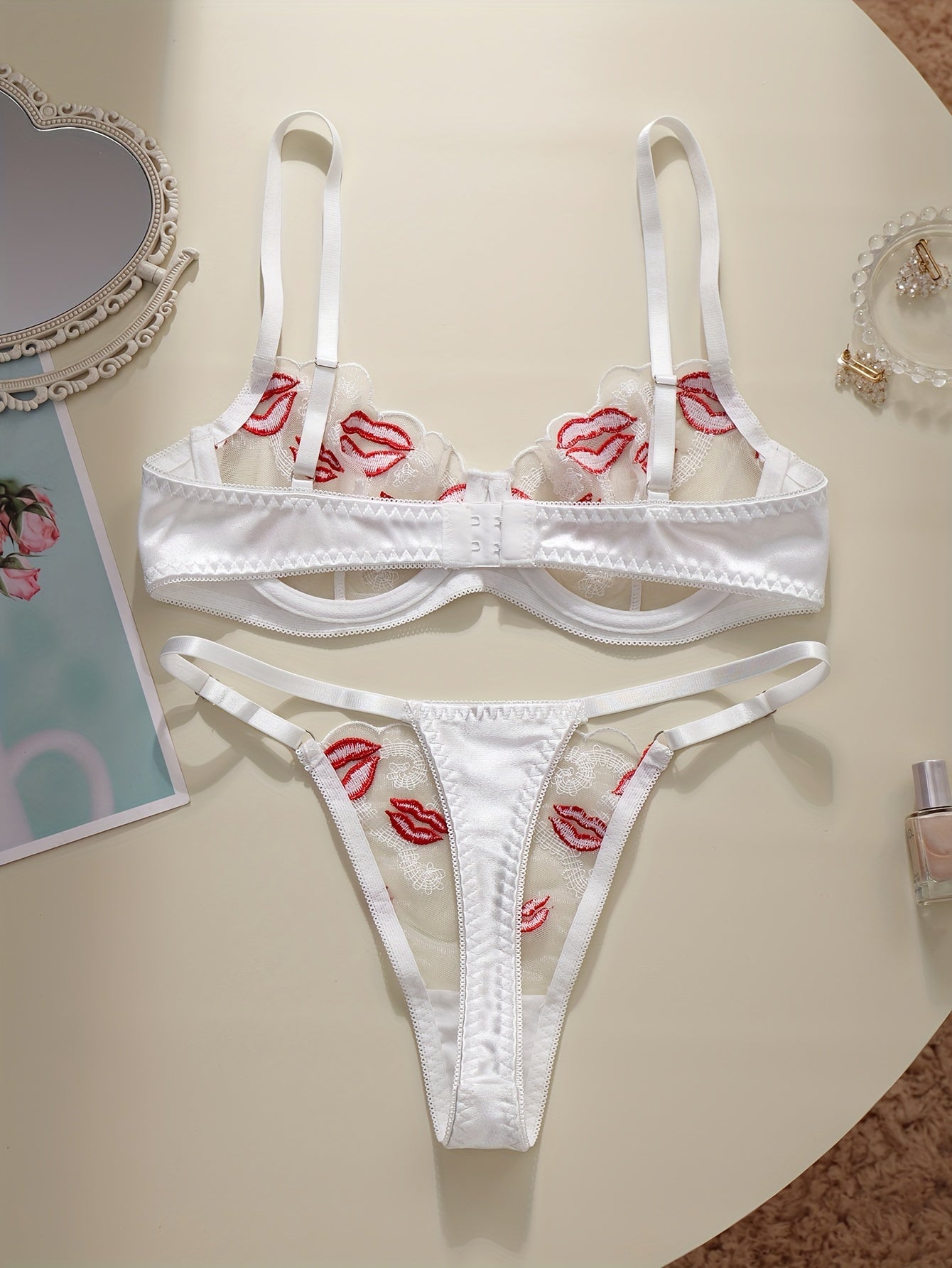 Women's Floral Embroidered Lingerie Set with Lips Pattern Polyester Knit Bralette and Thong