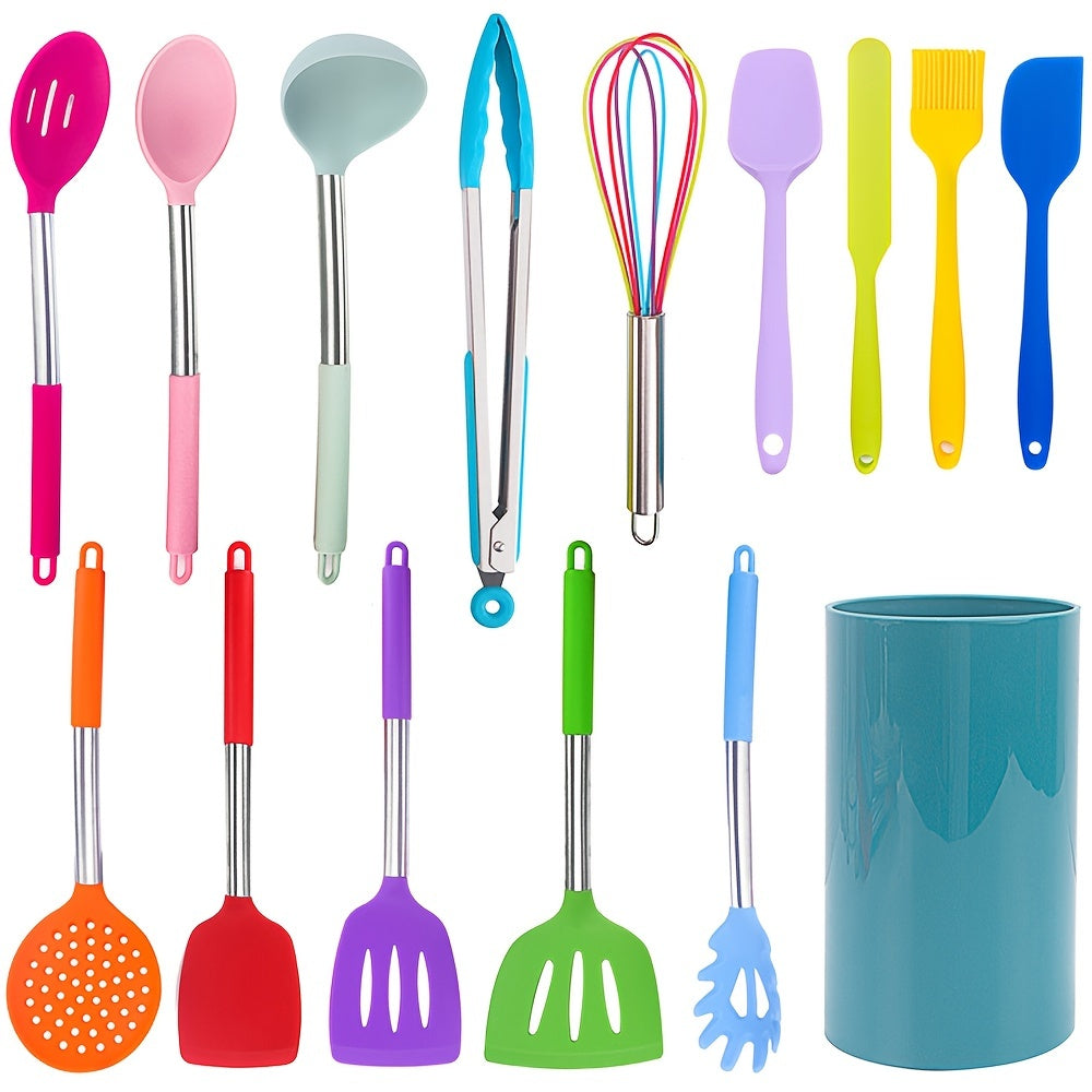 15-Piece Silicone Kitchen Utensil Set with Stainless Steel Handles for Cooking