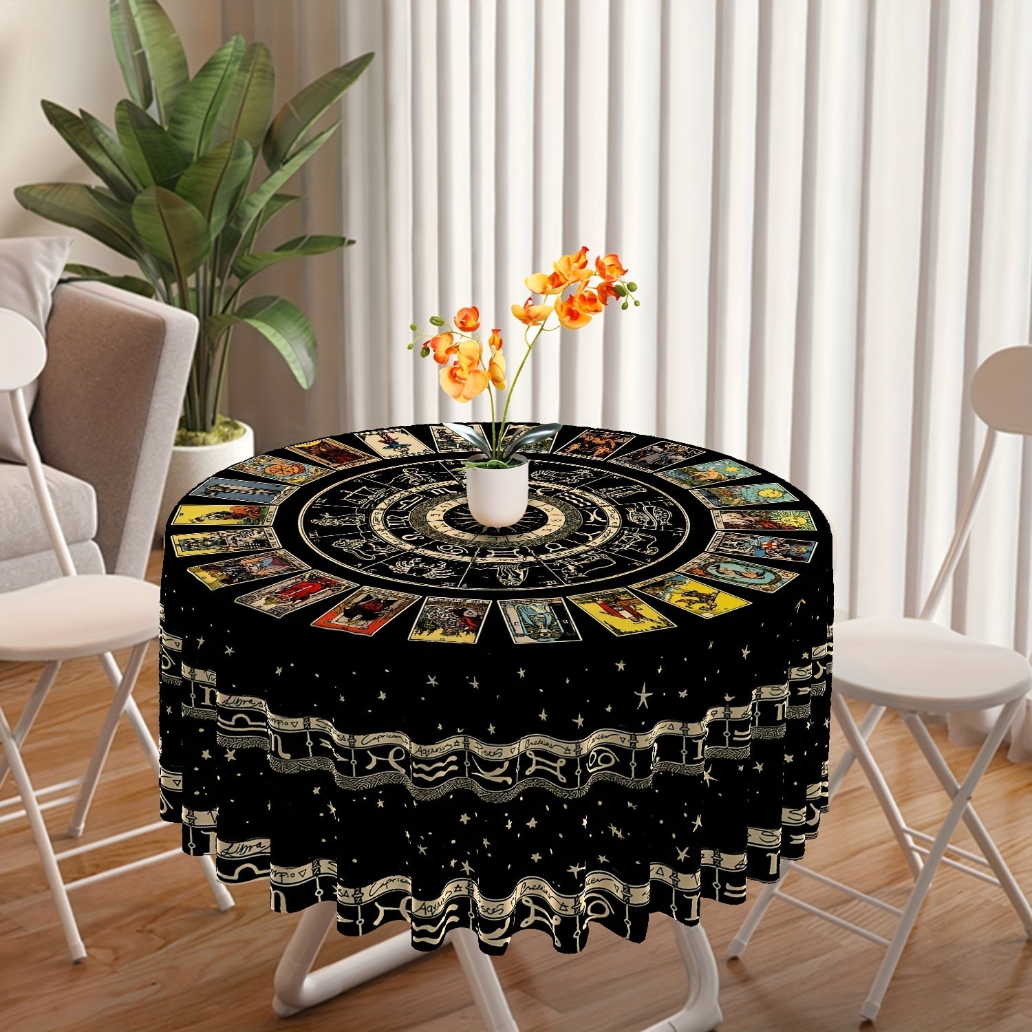 Round Tablecloth 63 Inch Boho Divination Pattern Stain-Resistant Absorbent