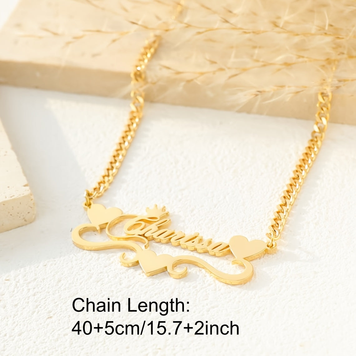 Women's Custom 4mm Cuban Link Chain Necklace with Name Pendant and Heart Ribbon Plaque