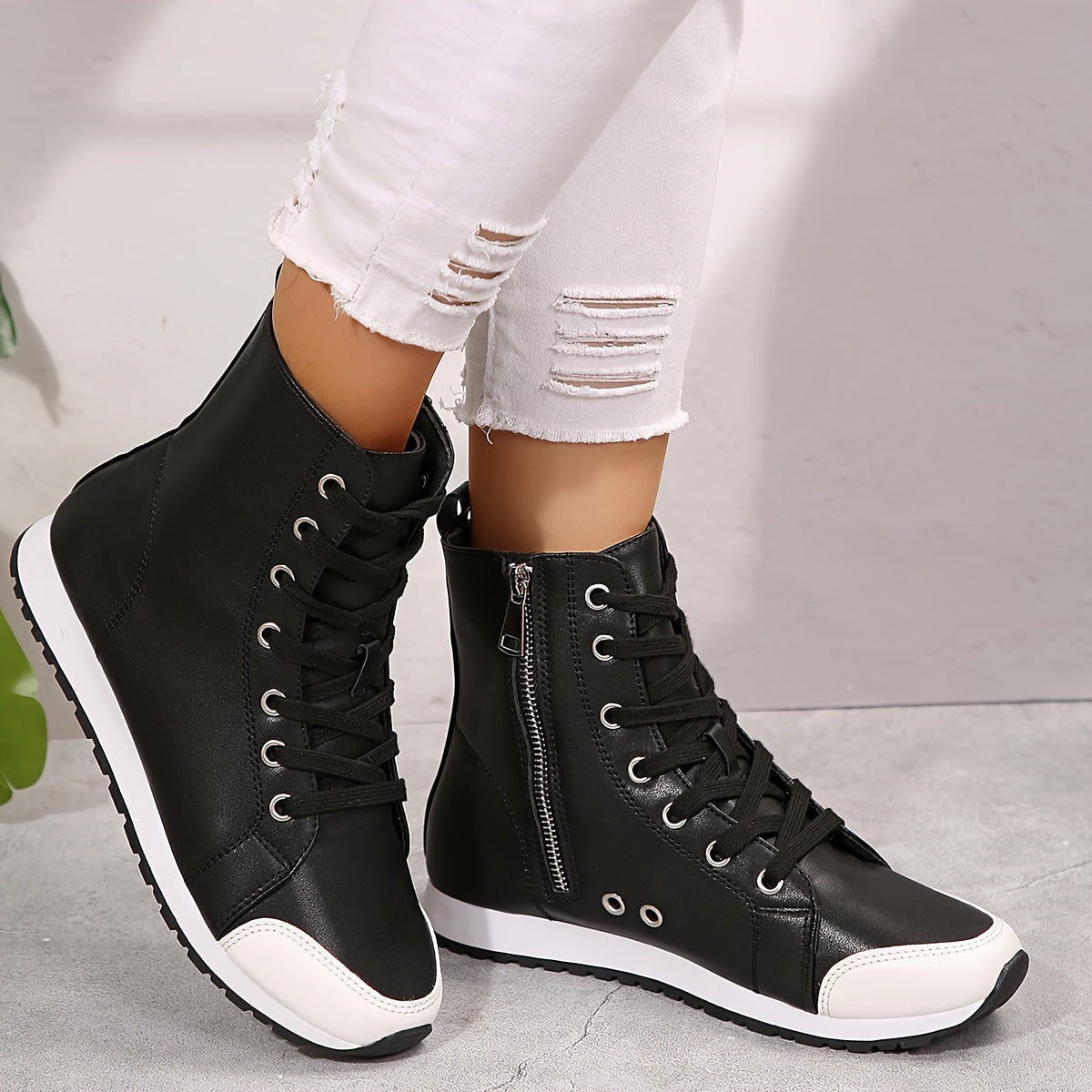 Women's Black White High Top Zipper Short Boots Sneakers