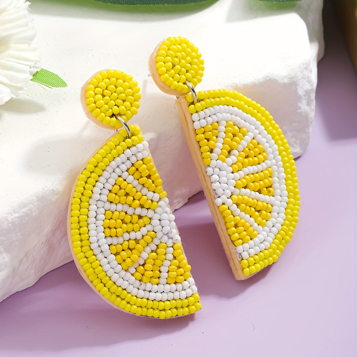 Beaded Fruit Earrings Summer Lemon Orange Boho Style Stainless Steel Posts for Women