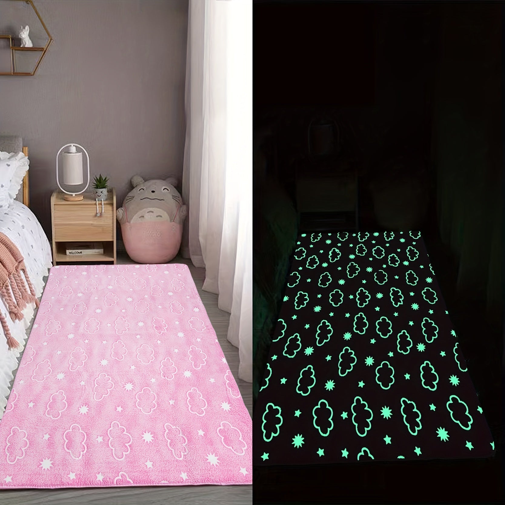 Alfombra de área de felpa luminosa y esponjosa con luna que brilla en la oscuridad y tapete de espuma viscoelástica para la cama