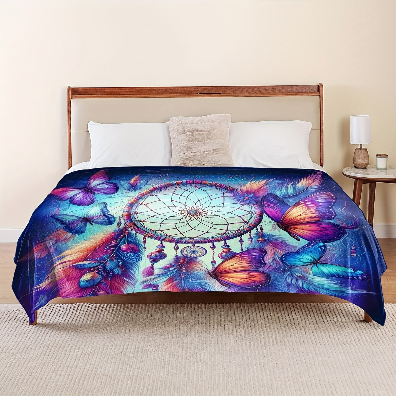 Multicolor Flannel Throw Blanket with Dreamcatcher and Butterfly Prints for Home and Travel