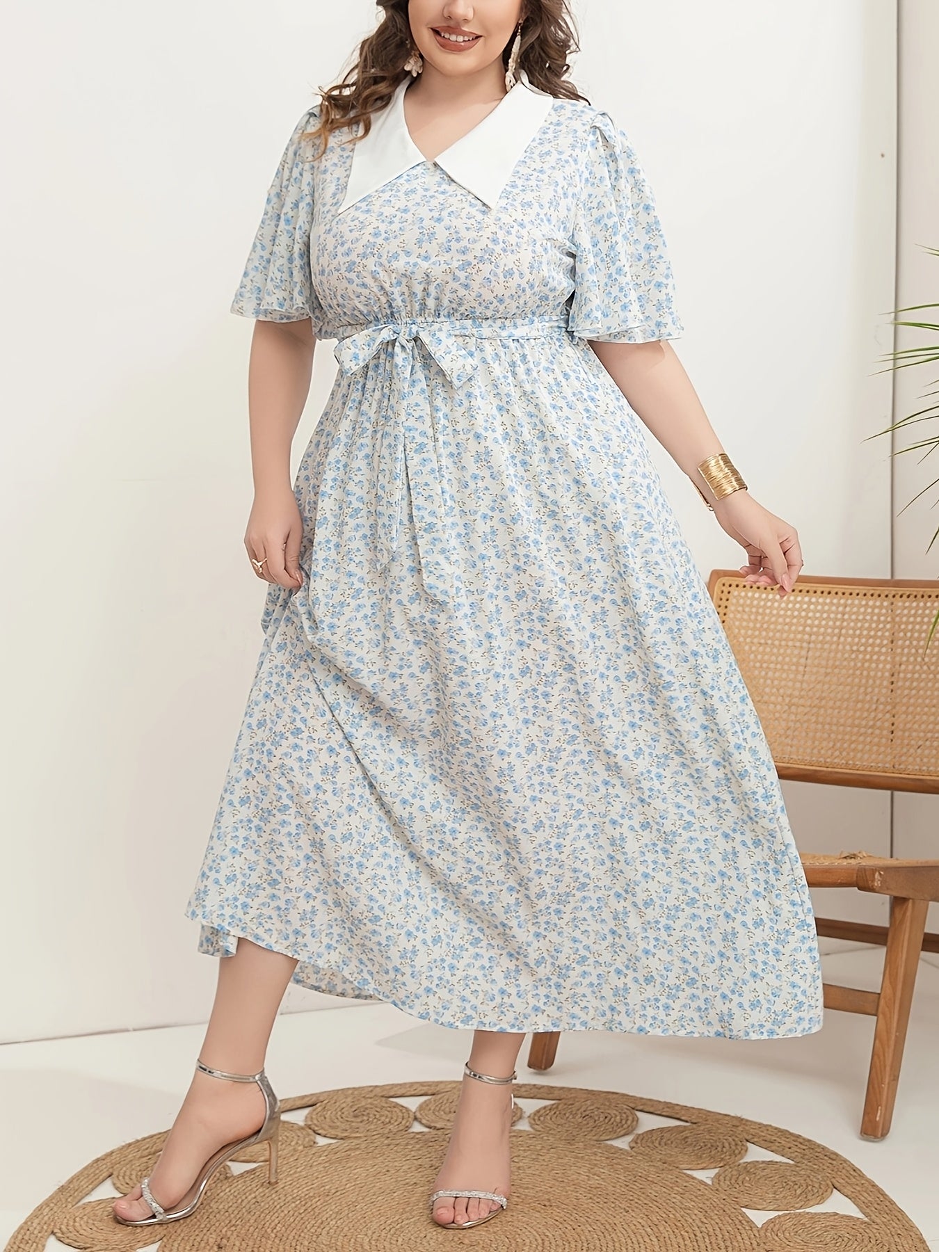 Plus Size Women's V-Neck Tunic Dress Polyester All-Season Woven Fabric