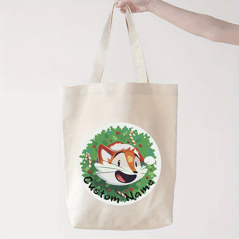 Custom Canvas Tote Bag with Santa Claus and Reindeer Design, Reusable Shoulder Bag for Shopping and Beach