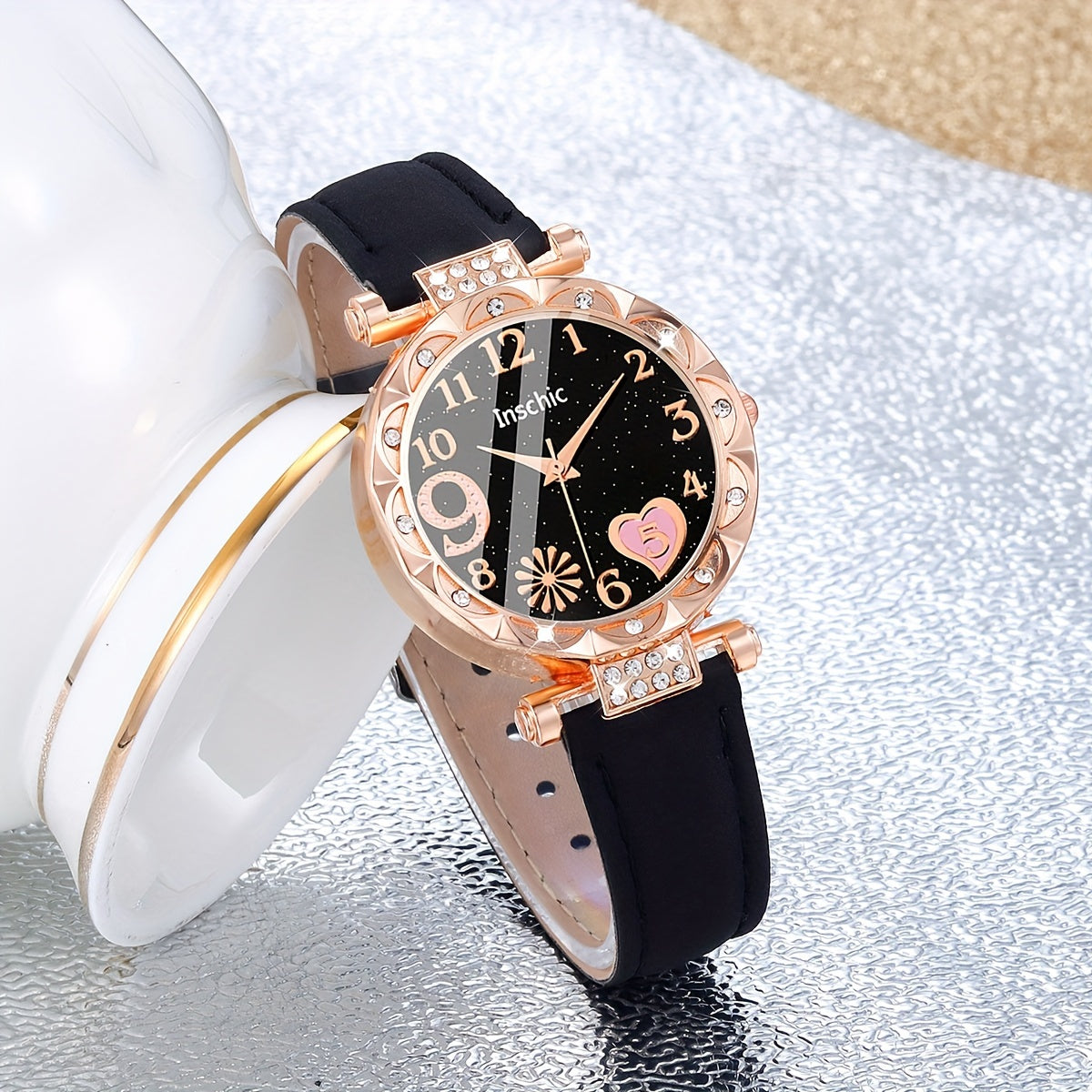 Heart Quartz Watch and Bracelet Set for Women Faux Leather Band Valentine Gift