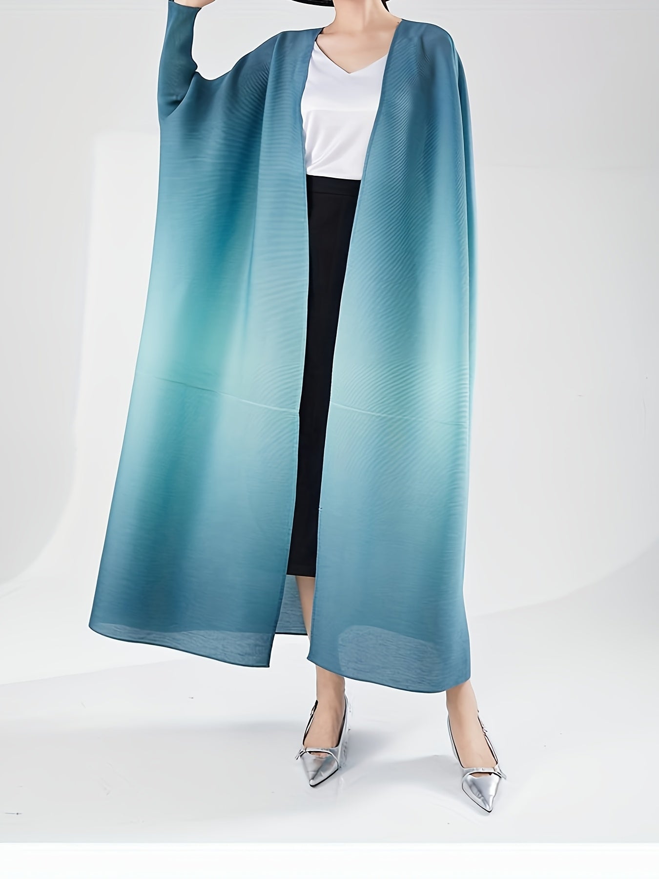 Vestido de punto largo para mujer con cardigan de manga batwing en degradado azul, ligero y casual