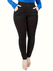 Women's Slim Fit High-Waisted Stretch Pants Black Pockets Fall Trousers