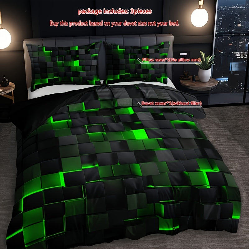 Grid Print Bedding Set 3-Piece Duvet Cover and Pillowcases for Bedroom or Guest Room