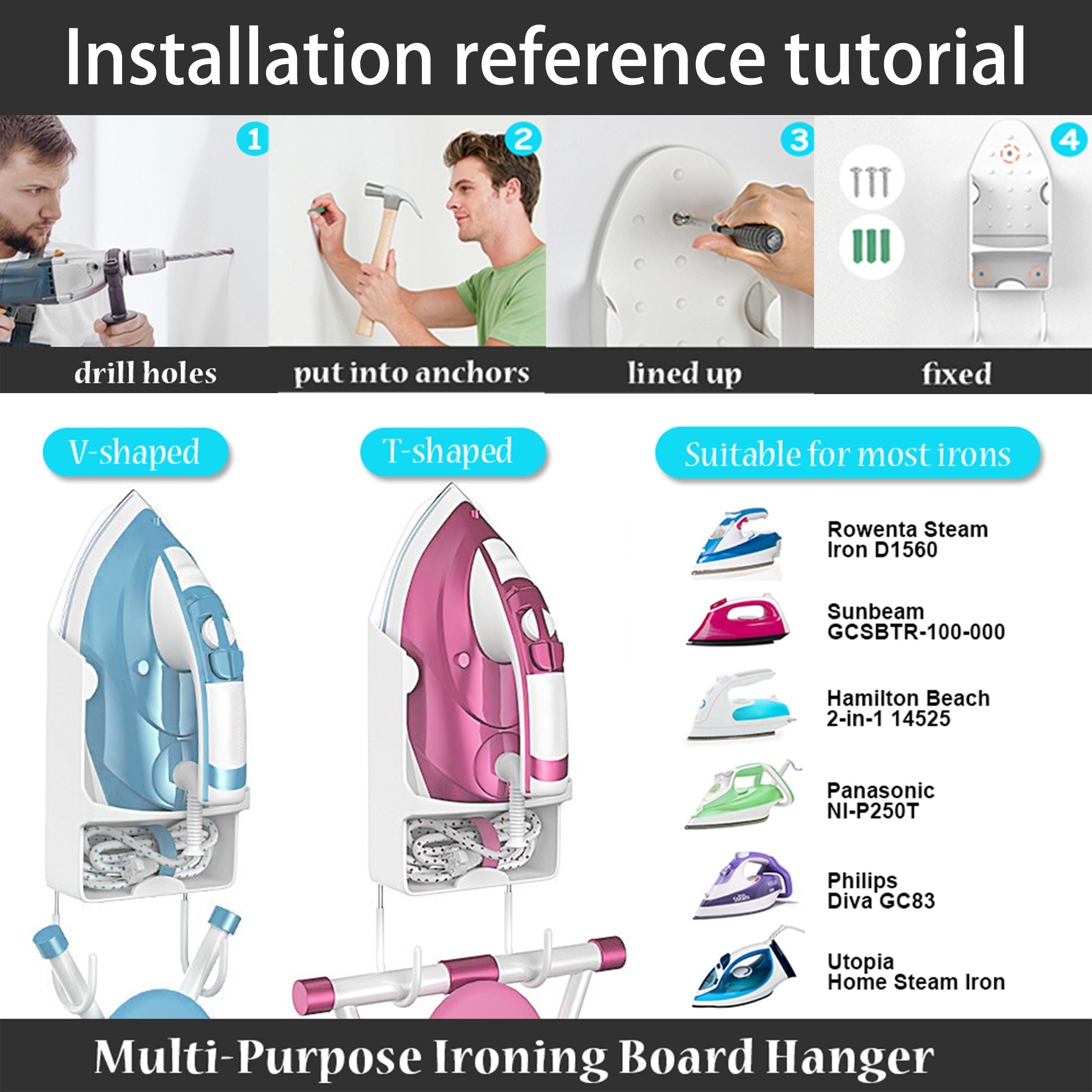 Estación de planchado con montaje en pared con 2 ganchos, metal y plástico resistentes al calor para lavandería, dormitorio y baño