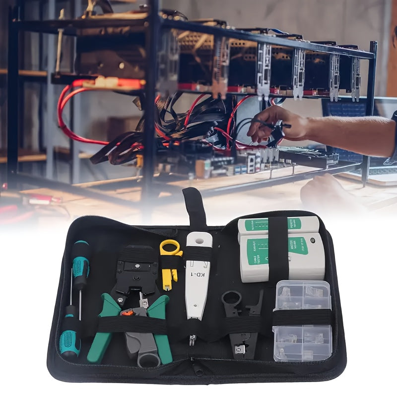 Professional tarmoq xizmatlari vositalari to'plami RJ45 tester, qirqish plitalari, kabel izlovchi, klip to'plami va olib yurish sumkasini o'z ichiga oladi. Cat5, Cat5e va Cat6 kabellari uchun mos. Portativ va zaryadsiz.