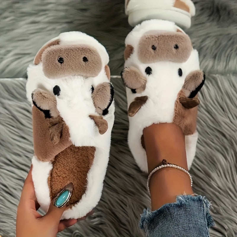 Unisex Plush Cow Pattern Slippers Comfortable Indoor Outdoor Warm