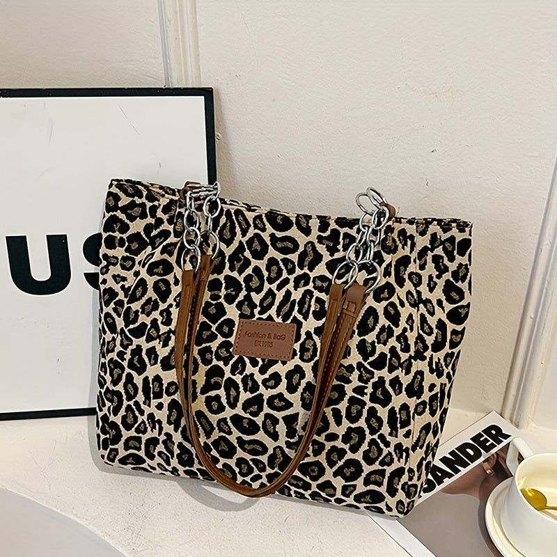 Women’s Corduroy Shoulder Bag with Leopard Print and Polyester Lining