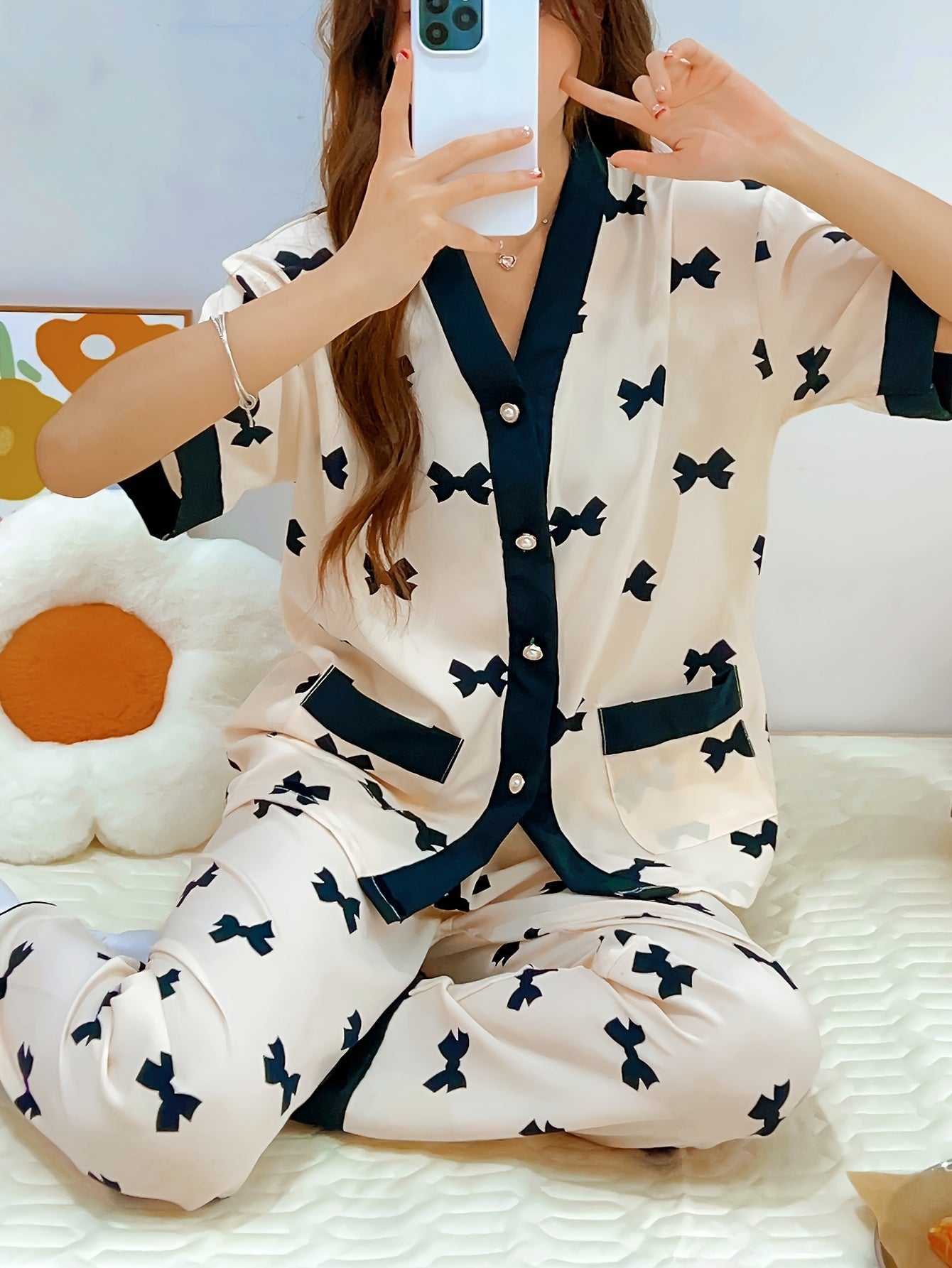 Women's Summer Pajama Set with Heart Pattern Short Sleeve V-Neck Cardigan and Long Pants