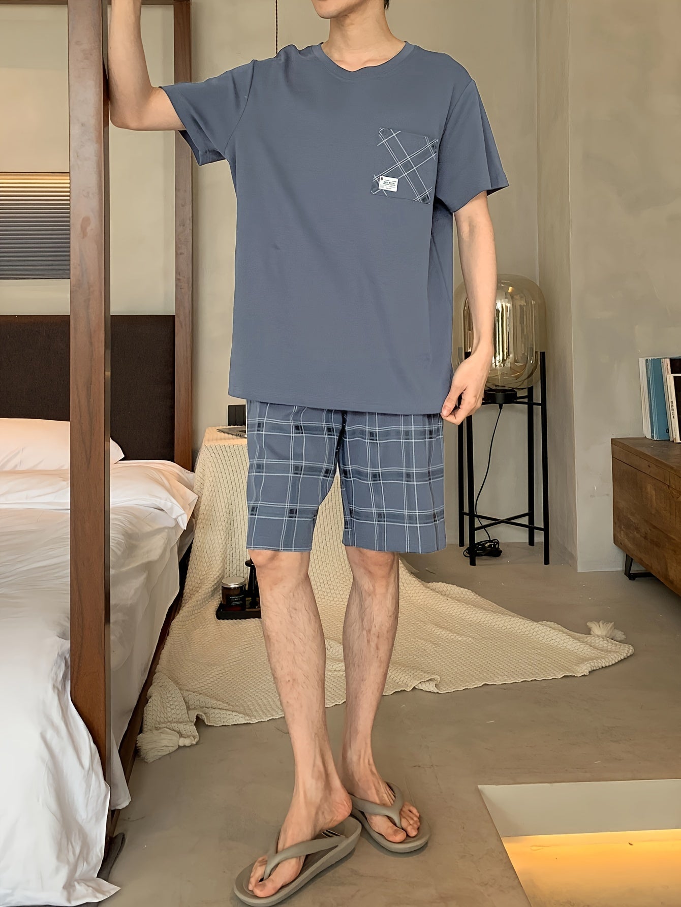 Men's Cotton Plaid Short Sleeve Pajama Set for Summer Lounge