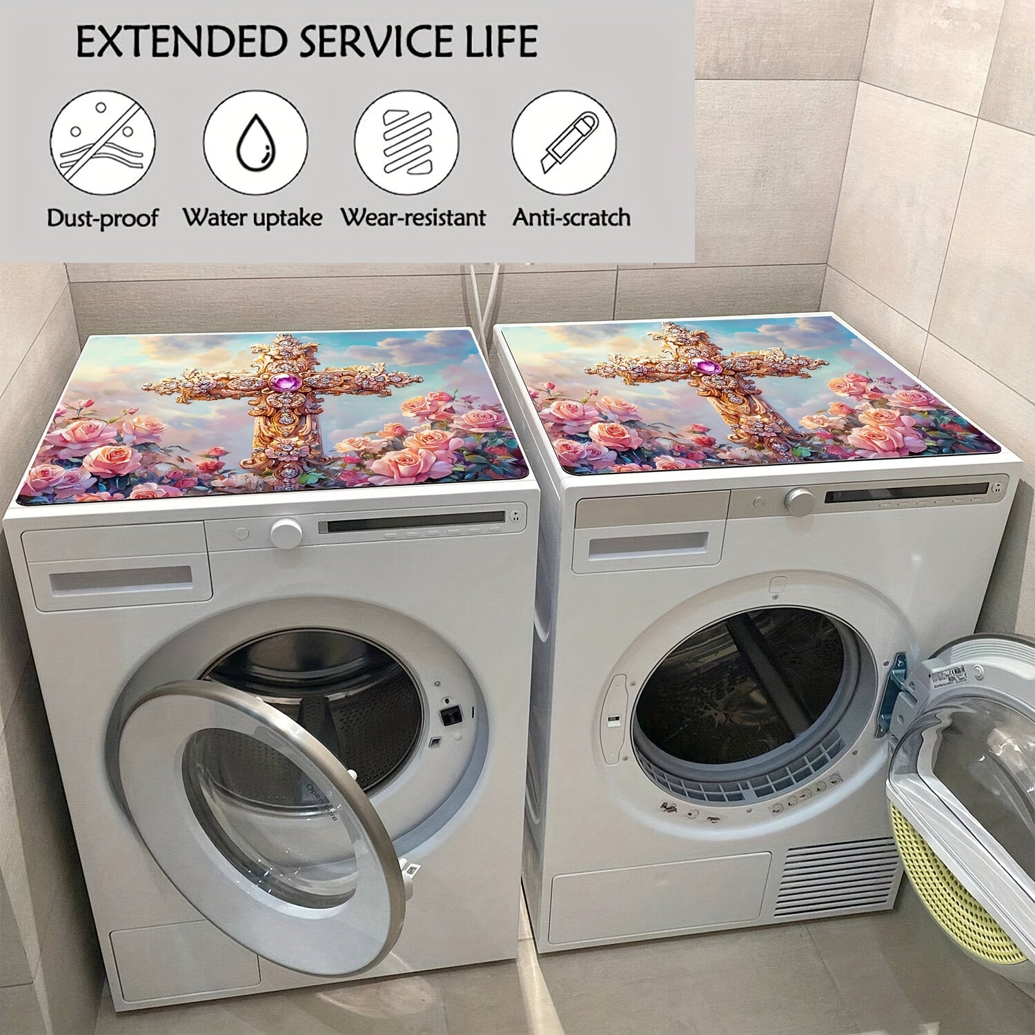 Rose Printed Washing Machine Dust Cover with Non-Slip Top Mat for Laundry Room