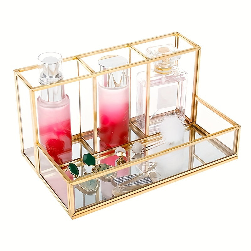 Glass Makeup Brush Holder with Mirror Tray and 4 Compartments for Cosmetics and Storage