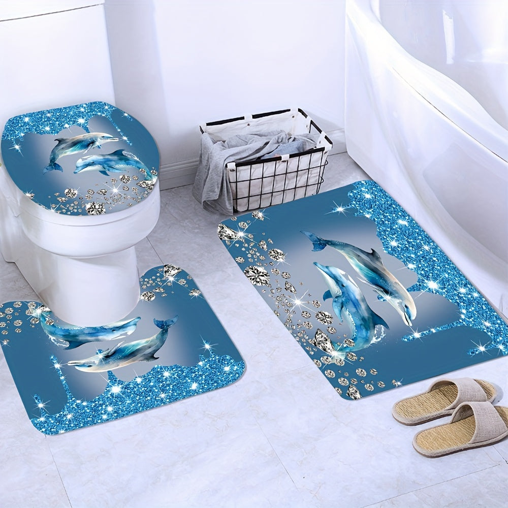 Blue 4-Piece Diamond Dolphin Bathroom Set Includes Shower Curtain Rug Toilet Mat