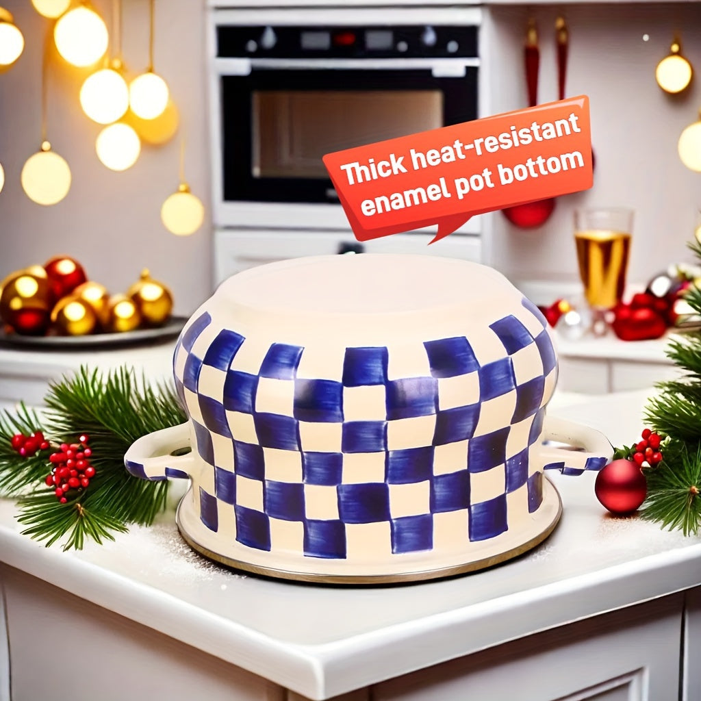 Enamel Saucepan with Lid Blue and White Checker Pattern 8.66-Inch Large Capacity Soup Pot