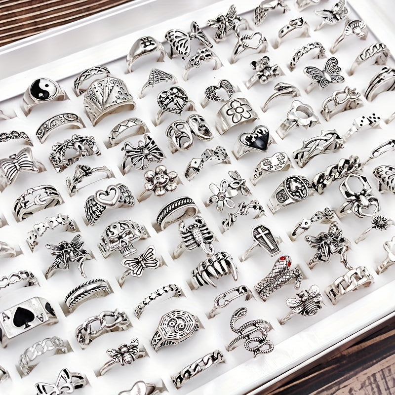 Women's Punk Style Silver Rings Set with Heart Flower Skull Butterfly and Tai Chi Motifs