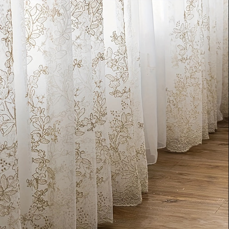 Golden Thread Embroidery Sheer Curtain for Living Room and Bedroom European Style Voile Window Treatment