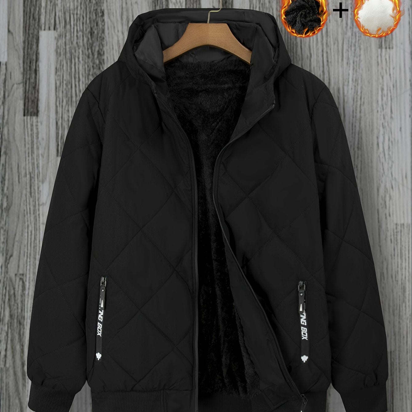 Men's Gray Quilted Hoodie Jacket with Zip Pockets Plus Size Fall Winter Polyester