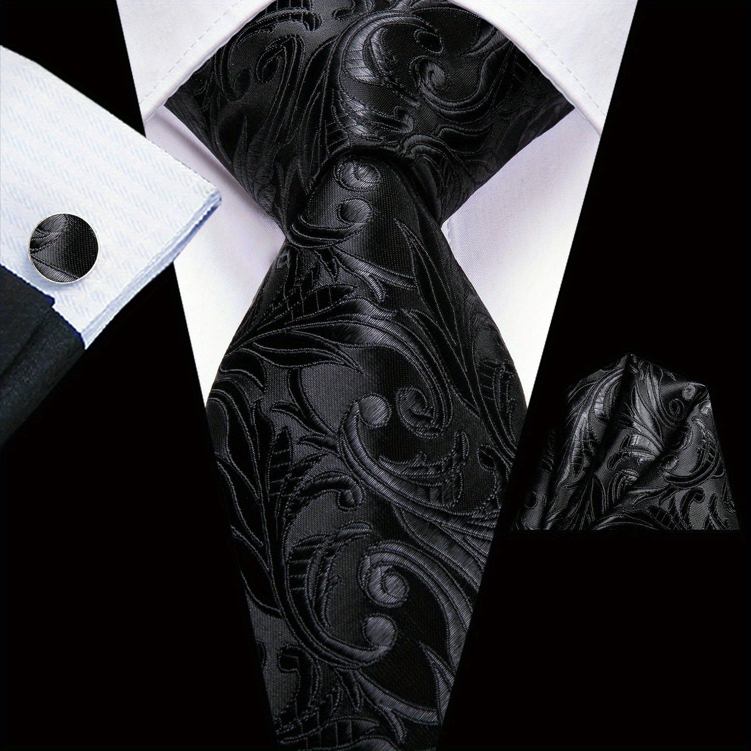 Men's Jacquard Woven Black Tie Set with Cufflinks and Hanky for Weddings and Business