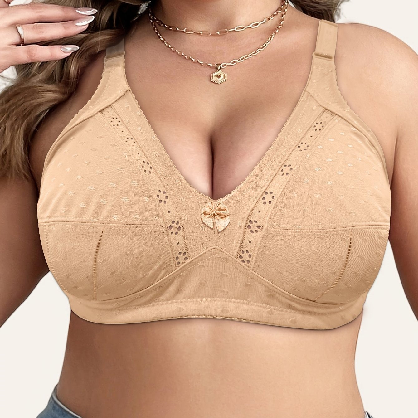 Plus Size Lace Bralette with Bow Detail Wireless Full Coverage Breathable Bra