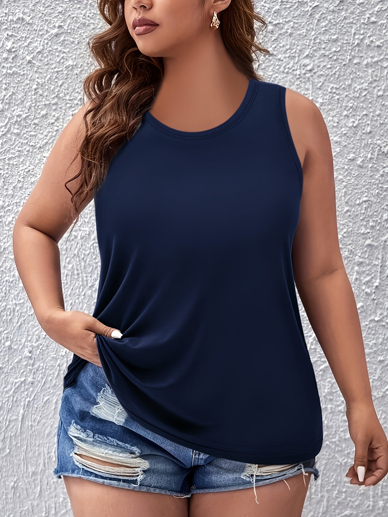 Women's Sleeveless Tank Top Navy Blue Medium Stretch Round Neck Casual Summer