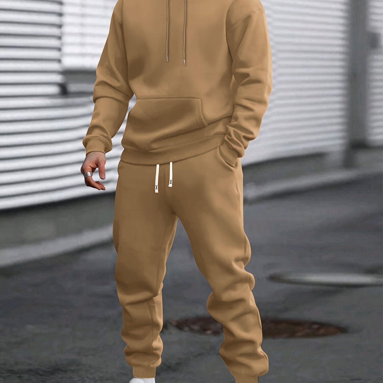 Men's Casual Sportswear Set Hoodie and Joggers Solid Color Polyester Blend Machine Washable for Spring Fall